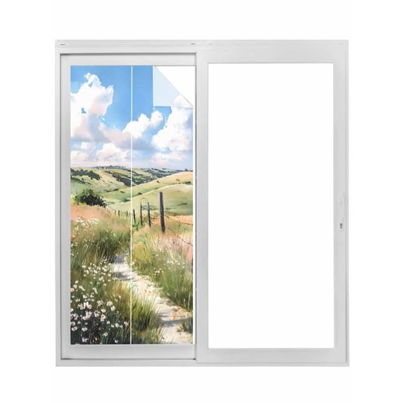 Spring Grassland Window Privacy Film, Nature Blue Sky Mountain Scenery Static Cling UV Sun Blocking Tint Film Heat Control Windows Films for Bedroom Bathroom, Window Stickers 29.5"x78.7"
