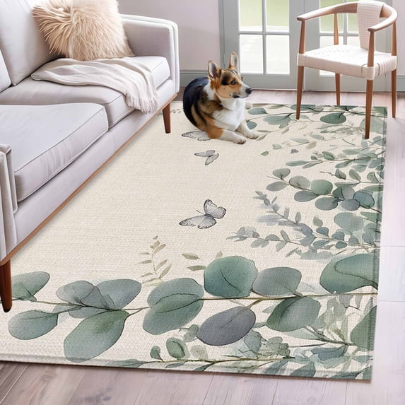 Spring Gray Butterfly Area Rugs 4x6 ft Eucalyptus Leaf Linen Texture Washable Rug Non Slip Indoor Carpet Absorbent Floor Mat for Living Room Bedroom Dining Room