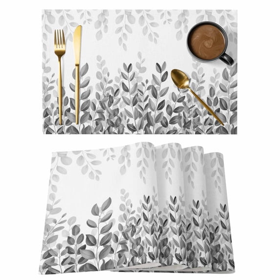 Spring Gray Eucalyptus Placemats Set of 4, Summer Botanical Leaf Country Placemats for Dining Table, Place Mats for Kitchen Tabletop, Waterproof Wipeable Dining Table Mats Set