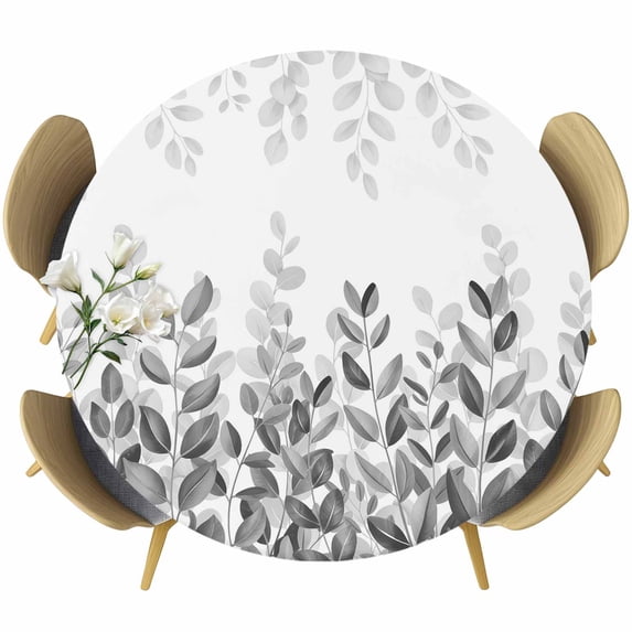 Spring Gray Eucalyptus Round Tablecloth, Fitted Table Cover with Elastic for 55"-60" Round Tables, Summer Botanical Leaf Country Table Cloth Outdoor Indoor Dinning Party Waterproof Tablecloths