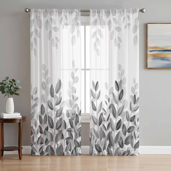 Spring Gray Eucalyptus Sheer Curtains 72 Inch Length 2 Panels Set Window Treatments, Summer Botanical Leaf Country Rod Pocket Semi Curtains for Living Room/Bedroom/Kitchen Décor, 104"W x 72"L