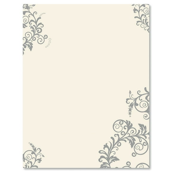 Spring Gray Flourish Letter Papers - Set of 25 spring stationery papers are 8 1/2" x 11", compatible computer paper, Floral, Wedding & Bridal Shower Flyers, Invitations, or Letter Paper