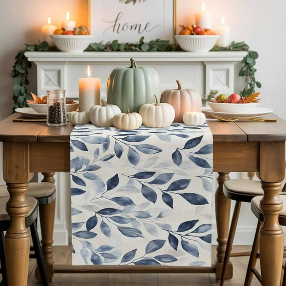 Spring Gray Leaf Cotton Linen Table Runner, Washable Table Runners for Kitchen, Dining Room, Holiday, Home Party Table Decor, 13x108 Inches