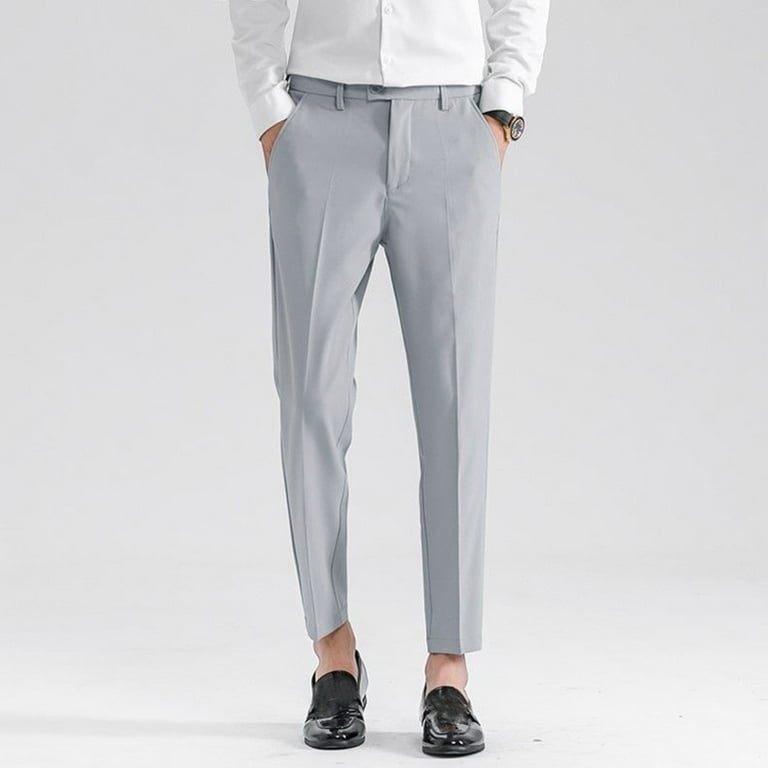 Buy online Grey Solid Ankle Length Flat Front Trouser from bottom