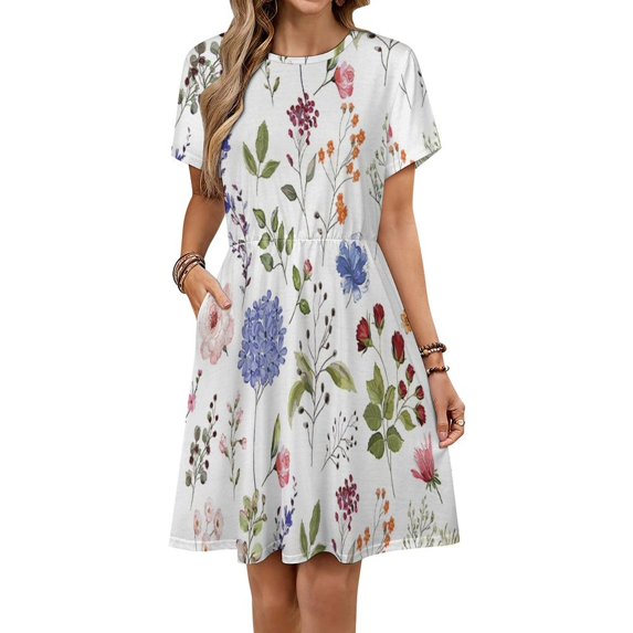 Spring Green Botanical Colorful Wildflower Dress Summer Street Style Dresses Female Short Sleeve Printed Sundress