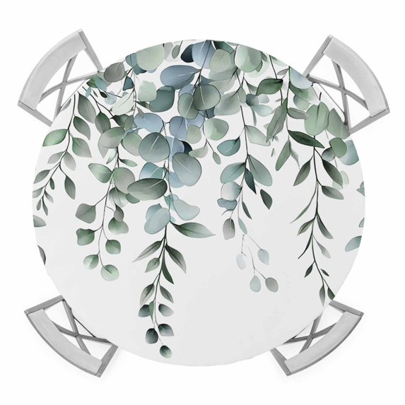 Spring Green Eucalyptus Leaves Round Fitted Tablecloth with Elastic Edge, Waterproof Table Cloth Table Cover for 36"-44" Tables, Summer Rustic Botanical Tablecloths for Dining Picnic Indoor Outdoor