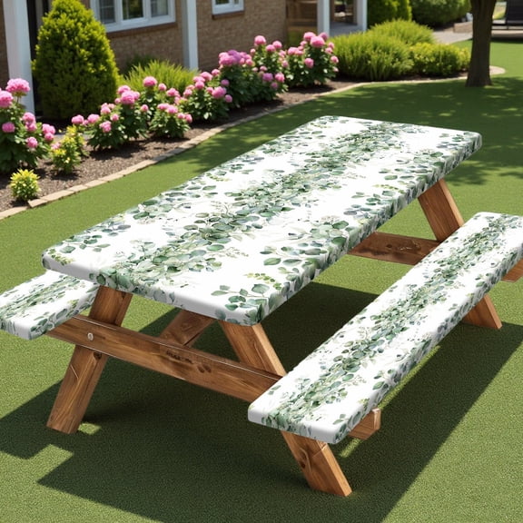 Spring Green Eucalyptus Picnic Table Cover with Bench Covers Reusable Camping Table Cover with Elastic Outdoor Windproof Rectangle Fitted Tablecloth and Seat Covers with Drawstring Bag 30X72IN