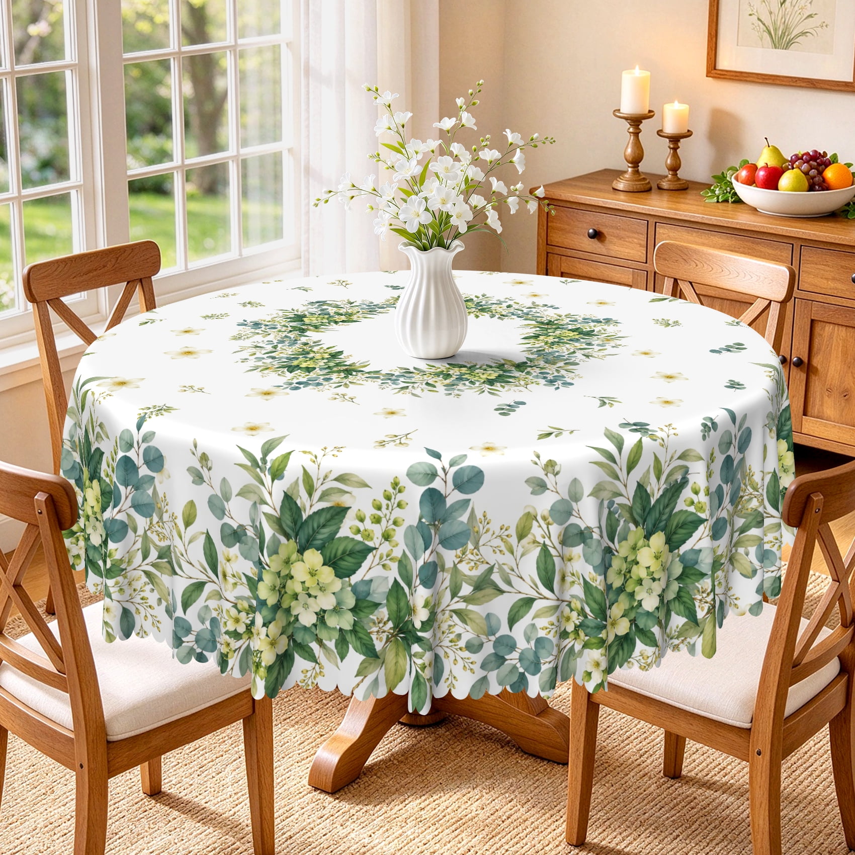 Spring Picnic Picture Spring Green Eucalyptus Washable Tablecloth,60 Inch,Washable Table ...