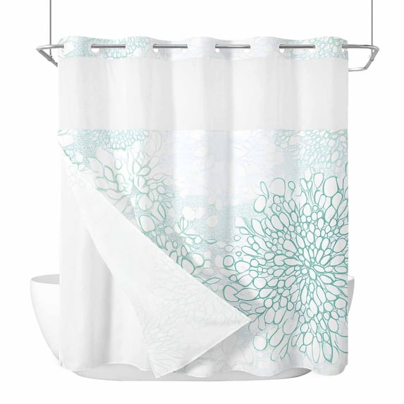 Spring Green Flower No Hooks Shower Curtain with Snap-in Liner Abstract Watercolor Floral Plant Shower Curtains for Bathroom, Waterproof, Easy Install, Washable 72"x78"