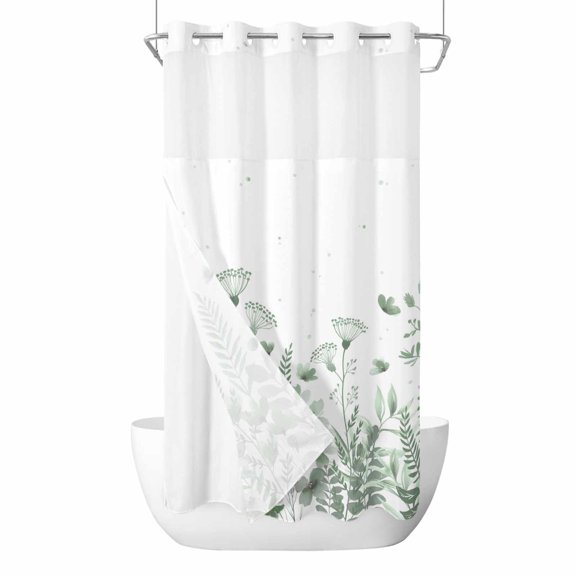 Spring Green Flower No Hooks Shower Curtain with Snap-in Liner Country Watercolor Floral Leaf Garden Shower Curtains for Bathroom, Waterproof, Easy Install, Washable 36"x72"
