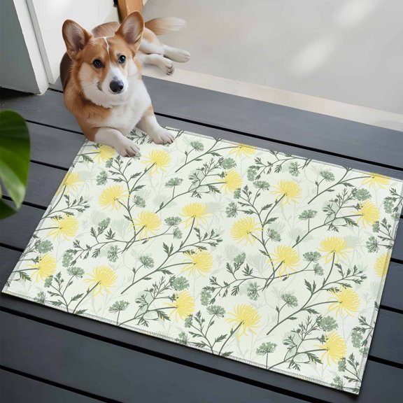 Spring Green Flowers Front Door Rugs 2x3 ft Yellow Chrysanthemums Floral Botanical Small Rug for Entryway Non Slip Washable Bathroom Door Mat Absorbent Floor Mat for Indoor Entrance