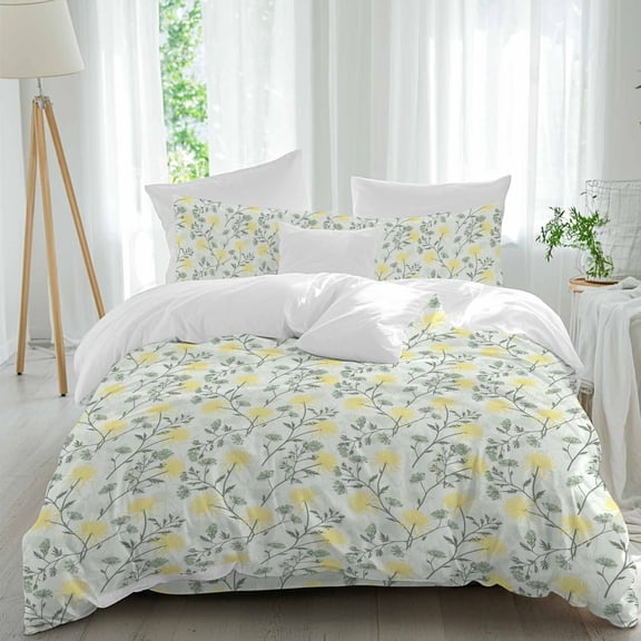 Spring Green Flowers Queen Size Comforter Set, Yellow Chrysanthemums Floral Botanical Bedding for All Seasons, 4 Pcs Bed Set, 1Quiltcover (90"x92") ,1Sheet(94"x116"), 2Pillowcases (30"x20")