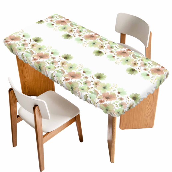 Spring Green Flowers Table Cloths for 4 Foot Rectangle Tables, Watercolor Floral Botanical Patio Waterproof Elastic Fitted Tablecloths, Washable Rectangular Table Cover for Camping