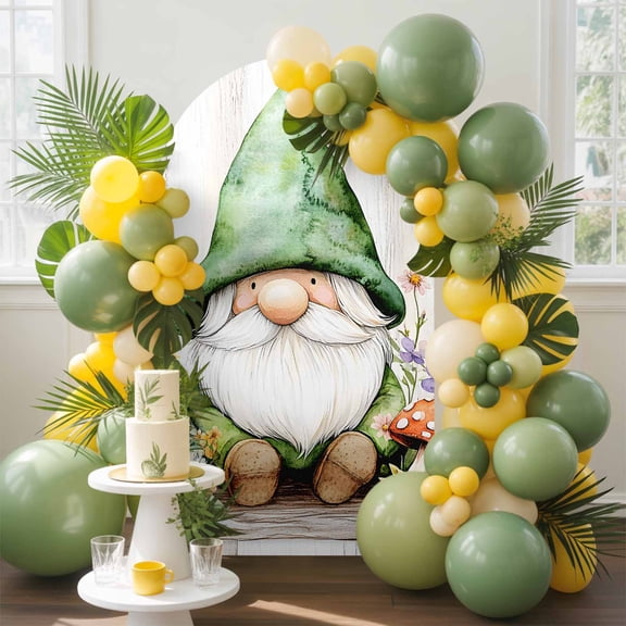 Spring Green Gnome Arch Backdrop Cover, 4FT, Mushroom Flowers Plant Wood Grain Spandex Arch Covers Double-Sided Backdrop for Wedding Birthday Party Photo Background Decoration