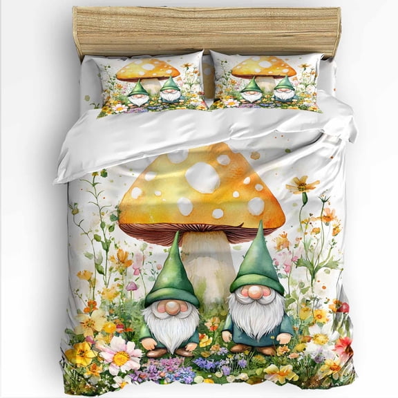 Spring Green Gnome Full Size Comforter Set, Yellow Mushroom Flowers Plant Pastoral Soft Bedding for All Seasons, 4 Pcs Bed Set with 1Comforter (86"x86") ,1 Sheet(80"x116"), 2 Pillowcases (19"x29")