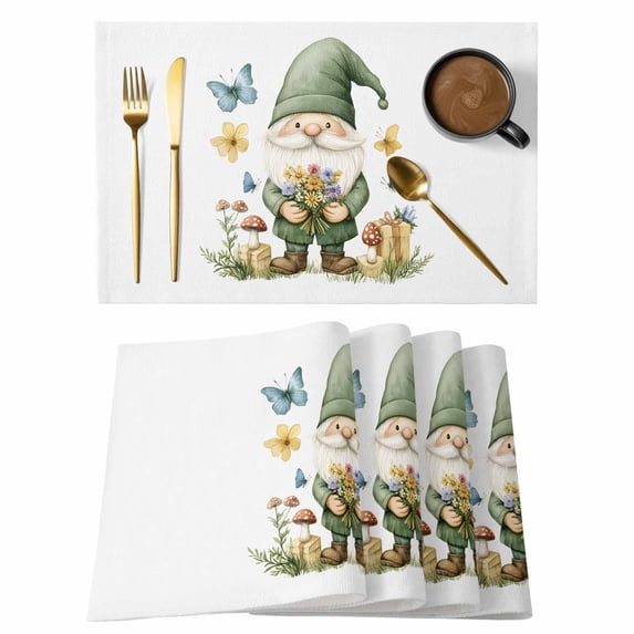 Spring Green Gnome Placemats Set of 8, Blue Yellow Flower Butterfly Red Mushroom Farm Non-Slip Place Mats Washable Table Mats for Kitchen Dining Table Decorations Indoor/Outdoor