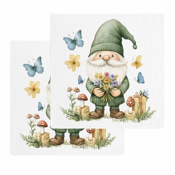 Spring Green Gnomes Kitchen Dish Towels for Drying Dishes Set of 2, Mushroom Gift Botanical Waffle Weave Microfiber Hand Tea Bathroom Towels Quick Dry & Absorbent Towel 12x12