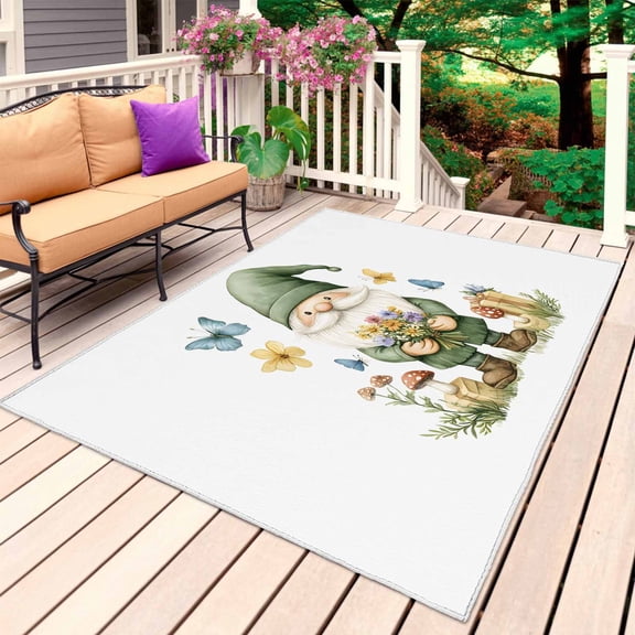 Spring Green Gnomes Outdoor Rug 3x5 Ft, Non Slip Washable Area Rug, Mushroom Gift Botanical Patio Rugs Carpet Runner, Large Floor Mat for Indoor/Outdoor Deck Porch Camping