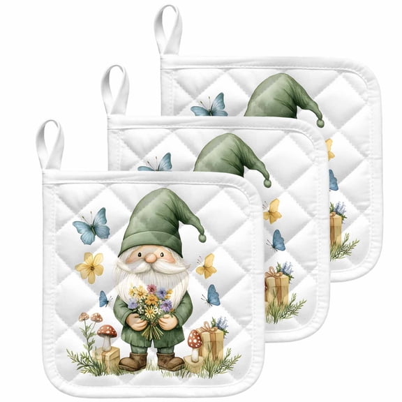 Spring Green Gnomes Pot Holders for Kitchen Heatproof Potholder, 3 Pack Mushroom Gift Botanical Hot Pads Multipurpose Oven Pads Cloth Potholders Trivet for Cooking Baking