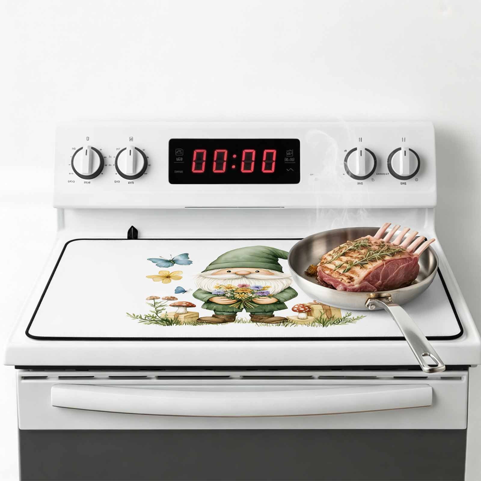 Spring Green Gnomes Stove Top Cover for Electric Stove, Heat-proof & Non Slip Glass Top Stove Cover Protector, Mushroom Gift Botanical Kitchen Flat Cooktop Rubber Mat 24x21 Inches