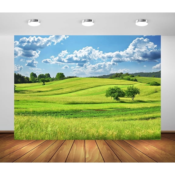 Spring Green Hills Meadow Backdrop Green Grass Lawn Trees Blue Sky White Clouds Photography Background Outdoor Nature Scenery Easter Party Decorations Banner Supplies Photo Booth Props