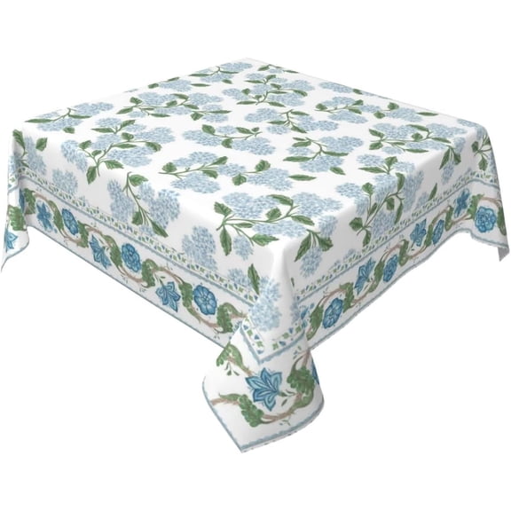Spring Green Leaf Floral Square Tablecloth 60 Inch Blue Hydrangea Pattern Table Cover Summer Flowers Watercolor Washable Decoration Tablecloth Indoor and Outdoor Dining Table Home Party Decor