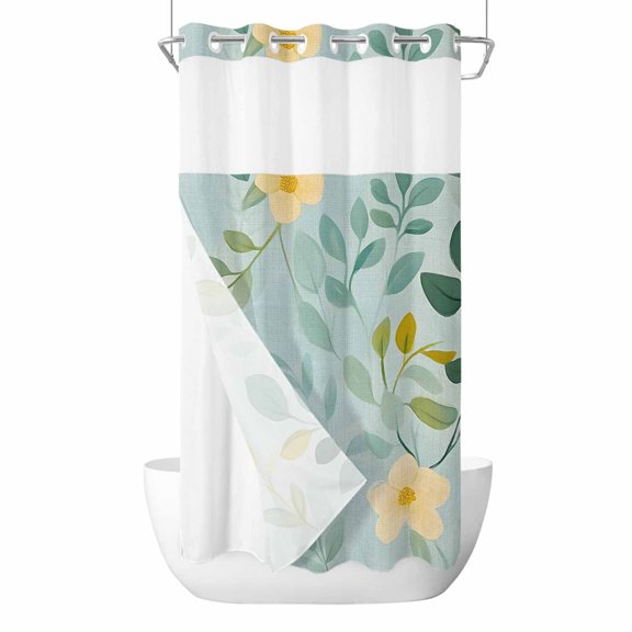 Spring Green Leaf No Hooks Shower Curtain with Snap-in Liner Pastoral Leaf Yellow Flower Plant Linen Shower Curtains for Bathroom, Waterproof, Easy Install, Washable 36"x78"