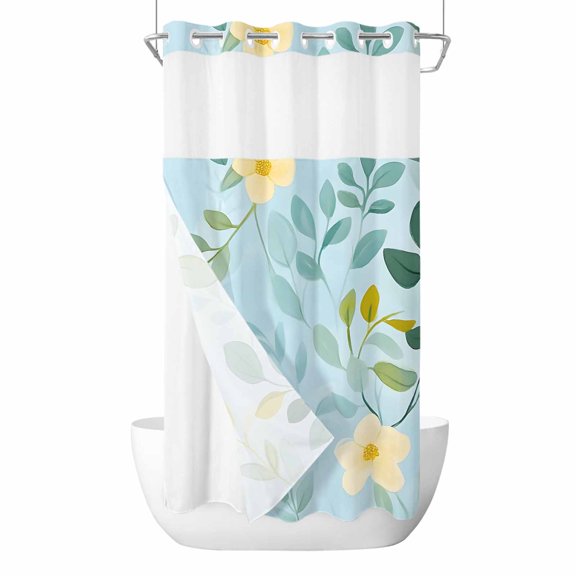 Spring Green Leaf No Hooks Shower Curtain with Snap-in Liner Pastoral Leaf Yellow Flower Plant Shower Curtains for Bathroom, Waterproof, Easy Install, Washable 36"x72"