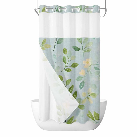 Spring Green Leaf No Hooks Shower Curtain with Snap-in Liner Pastoral Watercolor Leaf Yellow Flower Plant Linen Shower Curtains for Bathroom, Waterproof, Easy Install, Washable 36"x72"