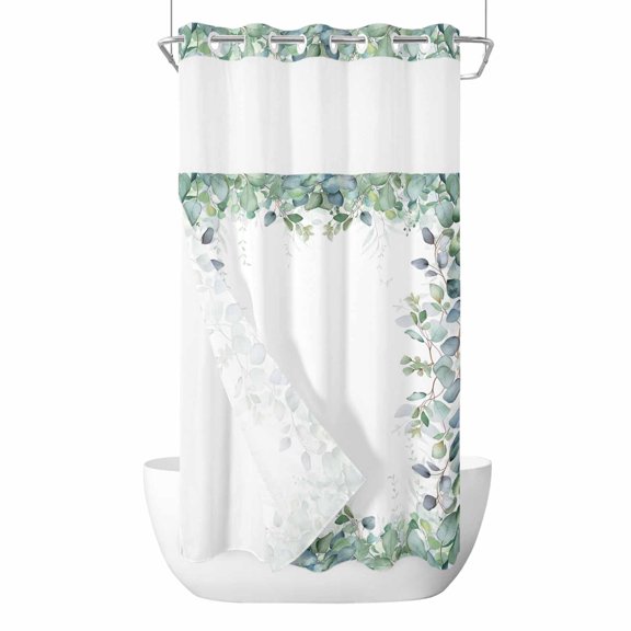 Spring Green Leaf No Hooks Shower Curtain with Snap-in Liner Watercolor Eucalyptus Leaves Shower Curtains for Bathroom, Waterproof, Easy Install, Washable 36"x78"