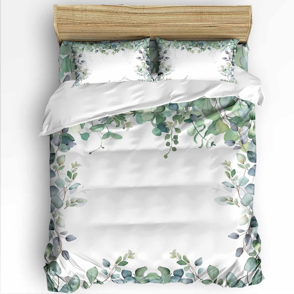 Spring Green Leaf King Size Comforter Set, Watercolor Eucalyptus Leaves Farmhouse Soft Bedding for All Seasons, 4 Pcs Bed Set with 1Comforter (90"x106") ,1 Sheet(94"x116"), 2 Pillowcases (19"x35")