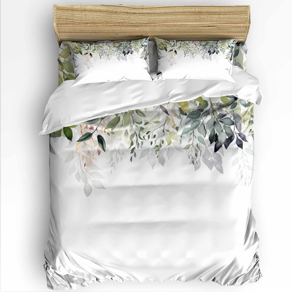 Spring Green Leaf Queen Size Comforter Set, Watercolor Eucalyptus Leaf Plants Rustic Soft Bedding for All Seasons, 4 Pcs Bed Set with 1Comforter (90"x92") ,1 Sheet(94"x116"), 2 Pillowcases (19"x29")