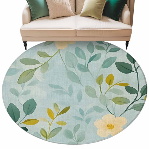 Spring Green Leaf Round Area Rug 6ft Pastoral Leaf Yellow Flower Plant Linen Non-Slip Washable Circle Rugs Soft Felt Indoor Floor Mat for Bedroom Kitchen Living Room Bathroom