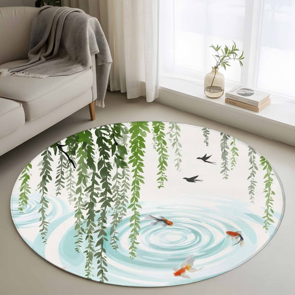 Spring Green Leaves 3ft Area Rug, Japanese Koi Fish Birds Country Washable Non-Slip Small Round Rugs for Entryway Bedroom Kitchen, Soft Circle Carpet for Dining Room, Playroom Nursery Rug