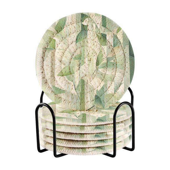 Spring Green Leaves 4in Bar Coasters Set of 6 with Storage Rack Durable Heat Resistant