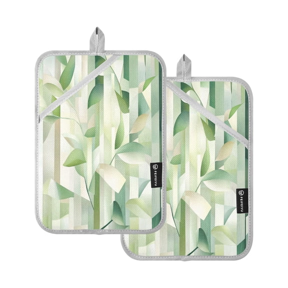Spring Green Leaves 7x9.8in Pot Holder Set Heat-Resistant Oven Hot Pads Durable with Storage Loop