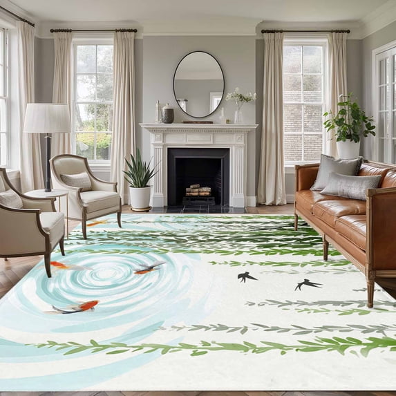 Spring Green Leaves Area Rugs 5'x8', Washable Small Throw Rugs for Classroom Bedroom, Japanese Koi Fish Birds Country Indoor Outdoor Rug Non-Slip Low Pile Carpet Runner Reversible Floor Mats
