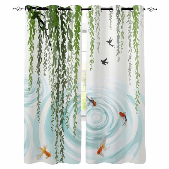 Spring Green Leaves Blackout Curtains for Bedroom, Japanese Koi Fish Birds Country Thermal Insulated Kitchen Drapes with Grommets, Light Blocking Window Treatment, 2 Panels 27.5" x 39"