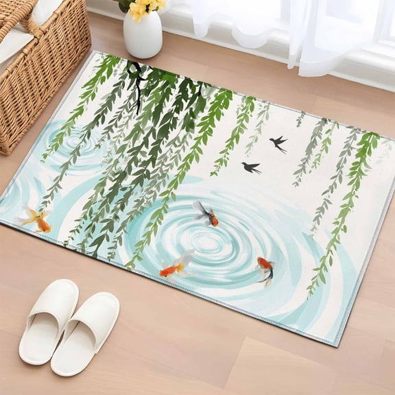 Spring Green Leaves Entryway Rug 2'x3' Non Slip Front Door Mats, Japanese Koi Fish Birds Country Entrance Rugs Indoor Outdoor Carpet, Washable Floor Mats Small Area Rug for Bedroom Kitchen