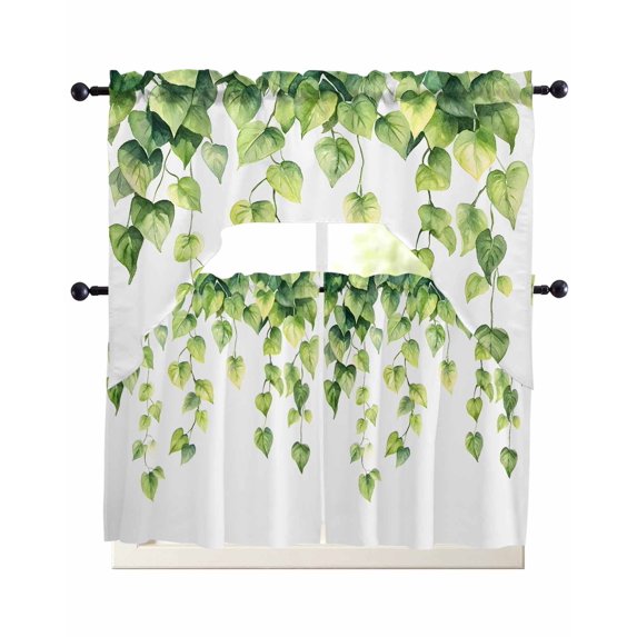 Spring Green Leaves Kitchen Curtains Sets 36 Inch Length with Valance, Pastoral Botanical Plants Vines Swag Valances and Tiers Curtain Set Drapes Swag Curtains for Living Room, Bathroom, Bedroom