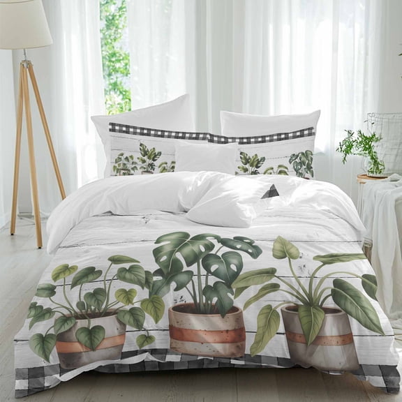 Spring Green Leaves Pots on Wood Grain Full Size Bed Set,Black Buffalo Plaid Bedding for All Seasons,4 Pcs Bed Set,1 Quiltcover(86"x86"),1 Sheet(80"x116"),2 Pillowcases(30"x20")
