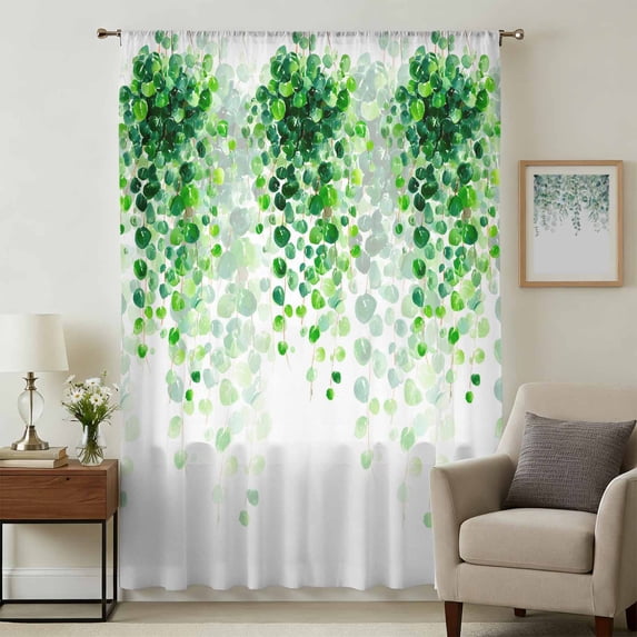 Spring Green Leaves Sheer Curtains 45 Inches Long, Watercolor Country Vines Botanical Light Filering Curtains, Breathable Simi Curtain Privacy Drapes for Kitchen Bathroom Small Window Treatment