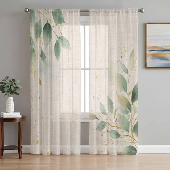 Spring Green Leaves Sheer Curtains 63 Inch Length 2 Panels Set, Branch Vintage Country Botanical Voile Window Treatment Rod Pocket Curtains Sheers Drapes for Bedroom/Living Room/Kitchen 52x"63"x2