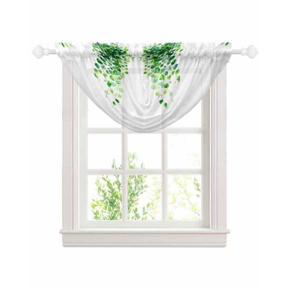Spring Green Leaves Sheer Waterfall Valance Curtains for Window, Watercolor Botanical Vines Rustic Rod Pocket Sheer Topper Swag Curtains for Living Room, Kitchen 38.5"W x 47.2"L, 1 Panel