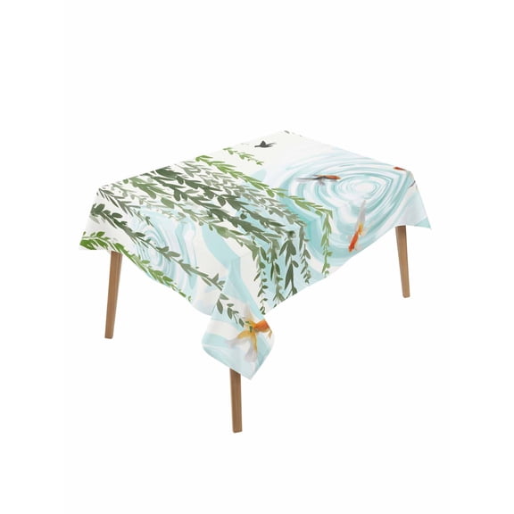 Spring Green Leaves Table Cloth, Waterproof Tablecloth for Rectangle Tables, Japanese Koi Fish Birds Country Reusable Washable Fabric Table Cover for Restaurant Kitchen Dining Tables 60"x102"
