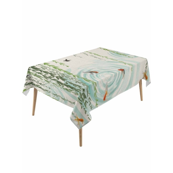 Spring Green Leaves Table Cloth, Waterproof Tablecloth for Rectangle Tables, Japanese Koi Fish Birds Vintage Reusable Washable Fabric Table Cover for Restaurant Kitchen Dining Tables 60"x120"
