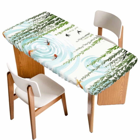 Spring Green Leaves Table Cloths for 4 Foot Rectangle Tables, Japanese Koi Fish Birds Country Patio Waterproof Elastic Fitted Tablecloths, Washable Rectangular Table Cover for Camping
