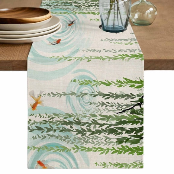 Spring Green Leaves Table Runner, Japanese Koi Fish Birds Vintage Washable Cotton Linen Table Runners 108 Inches Long, Dresser Scarf Runner for Dining/Living Room/Kitchen/Square Tables 13''x108''