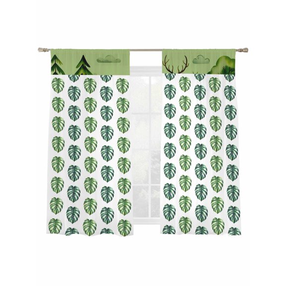 Spring Green Monstera Sheer Curtains 2 Panels Set Country Watercolor Leaf Tree Cloud Deer Horn Sheer Window Curtains Light Filtering Rod Pocket Voile Drapes for Bedroom Living Room 52"x63"