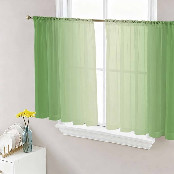 Spring Green Ombre Semi Sheer Curtains 45 Inch Length 2 Panels Set, Modern Gradient Abstract Art Sheer Kitchen Curtain Privacy Voile Window Curtain for Living Room Bedroom Rod Pocket Drapes